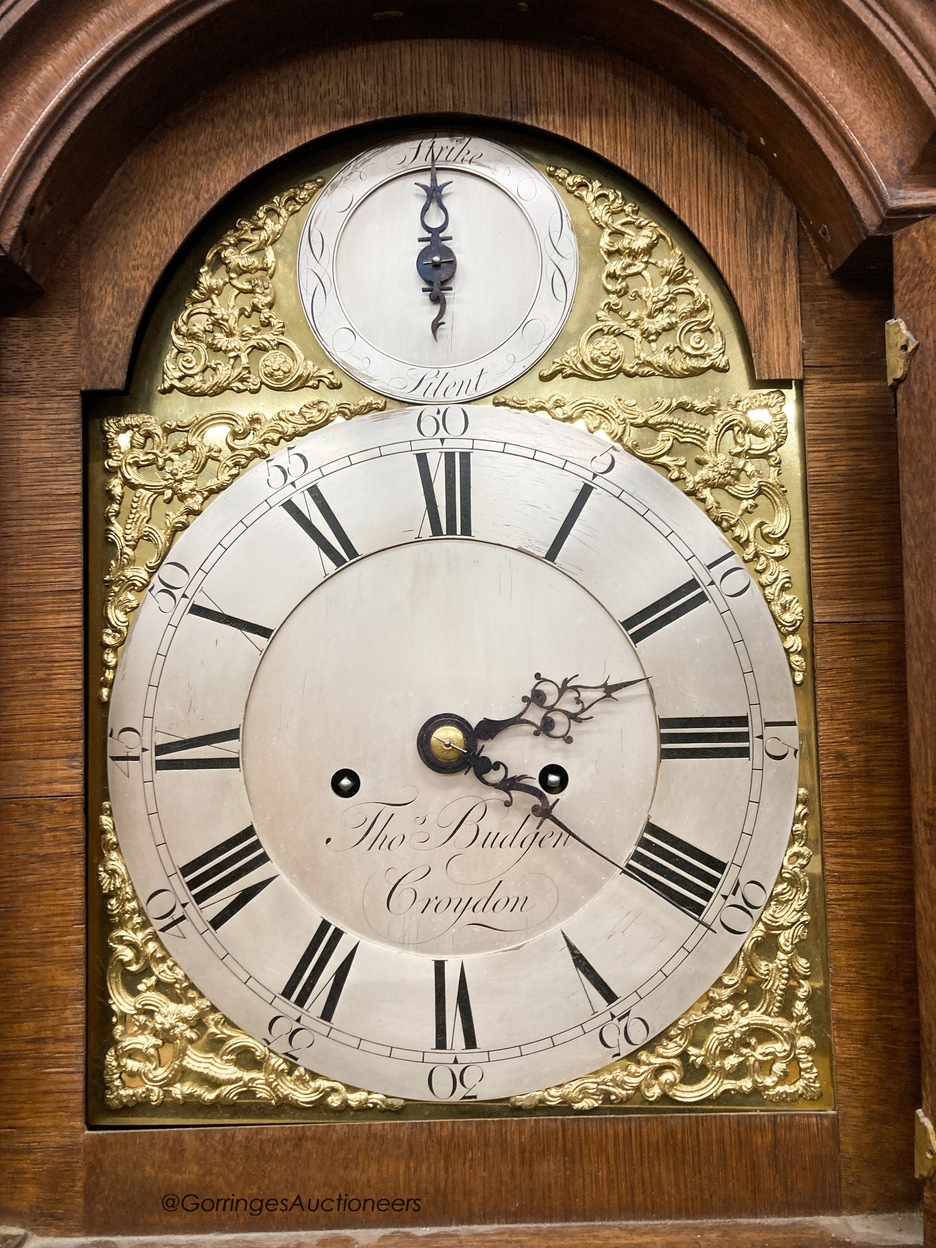 An 18th century oak eight day longcase clock, marked Thomas Budgen, Croydon, height 225cm
